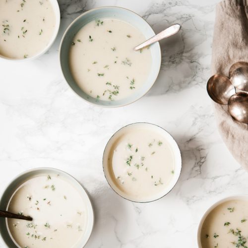 This cauliflower soup is made with cauliflower and celeriac and is dairy free.