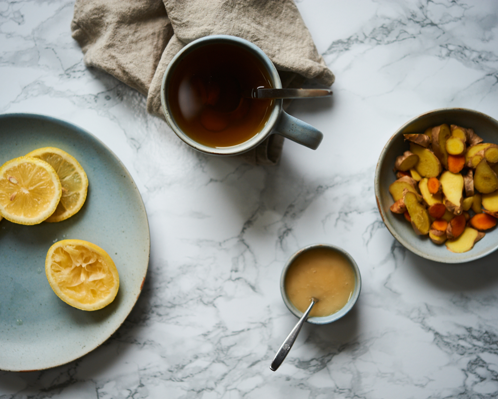 This ginger tea is also made with turmeric and is so helpful for when you're sick, have a cold or sore throat.