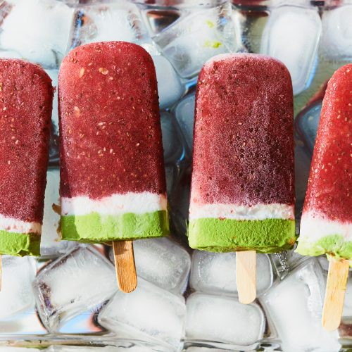these watermelon popsicles are made with chia seeds, banana and baby spinach. They are vegan popsicles and fruit-juice sweetened only