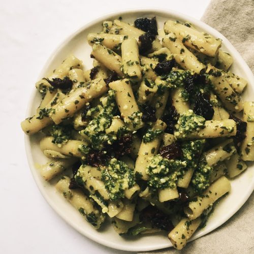 Dairy free pesto is easy to make with nutritional yeast.