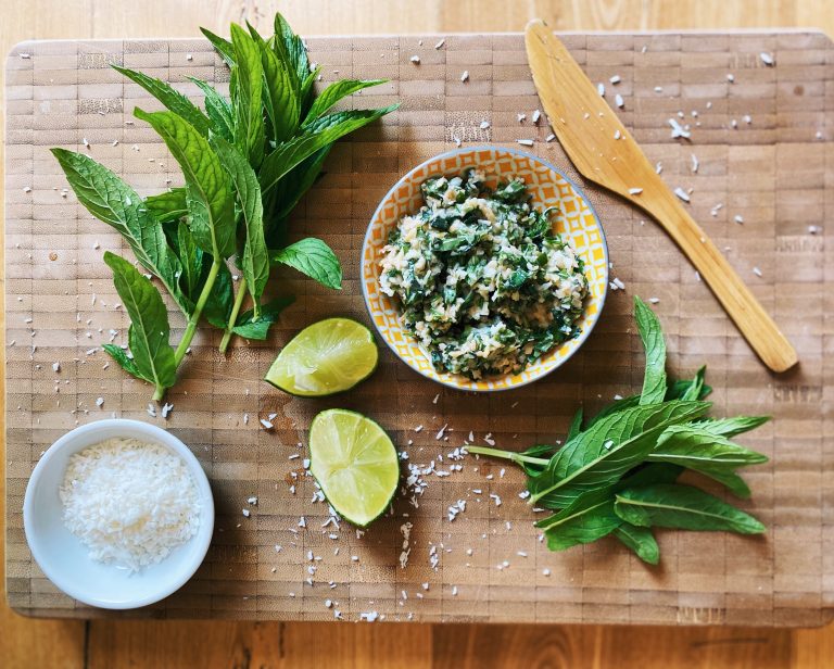 Basil Mint Chutney over Grilled Tofu or Salmon