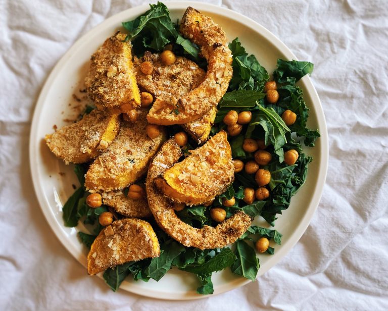 crusted squash with greens & beans
