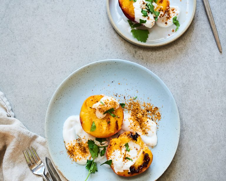 Grilled Peaches with Yogurt and Dukkah - Living Kitchen Wellness