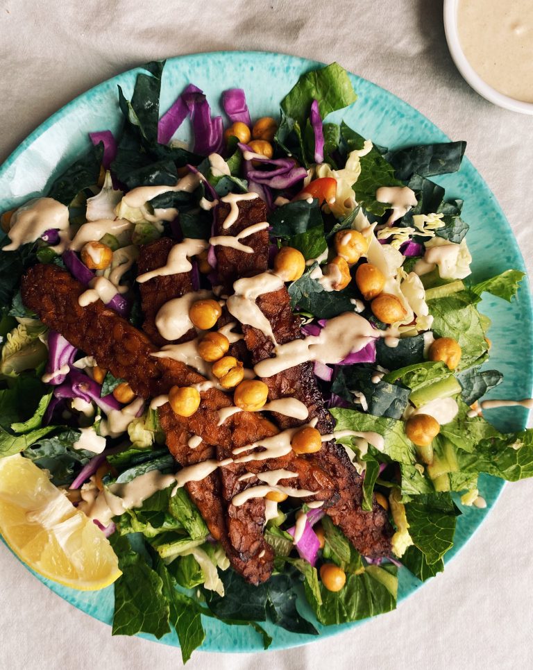 Kitchen Sink Tahini Caesar Salad with Maple Tempeh