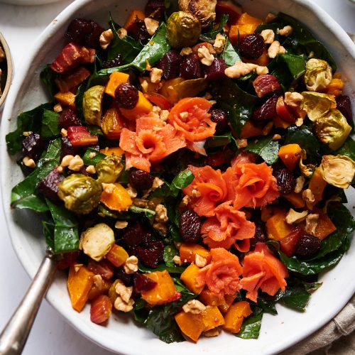 Brussels sprouts, butternut squash, beets and smoked salmon salad